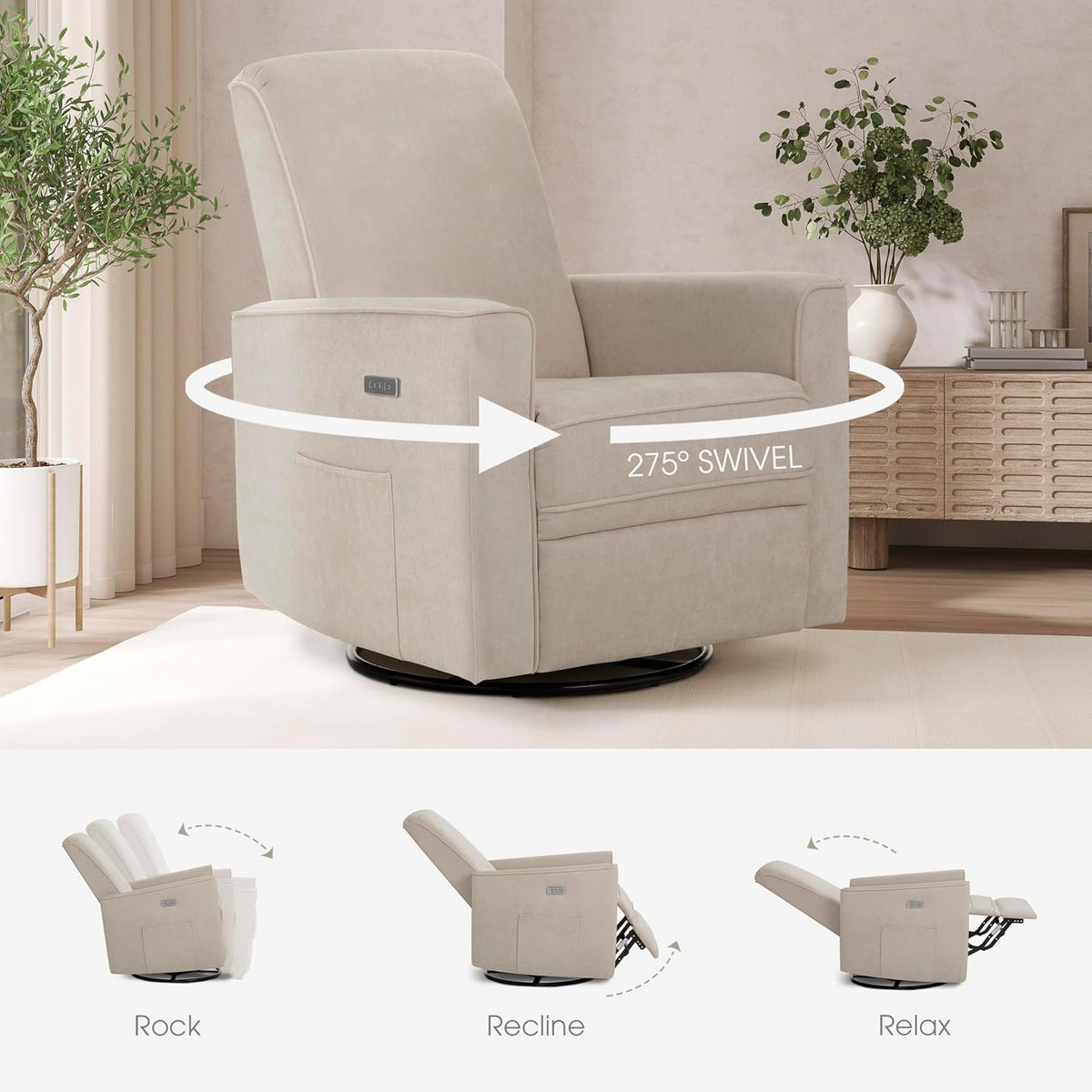 Harlow Upholstered Power Glider Recliner with USB Charging – Rocking & 275° Swivel with Smooth Glide – Greenguard Gold & FSC Certified – Modern Nursery and Living Room Chair in Light Sand