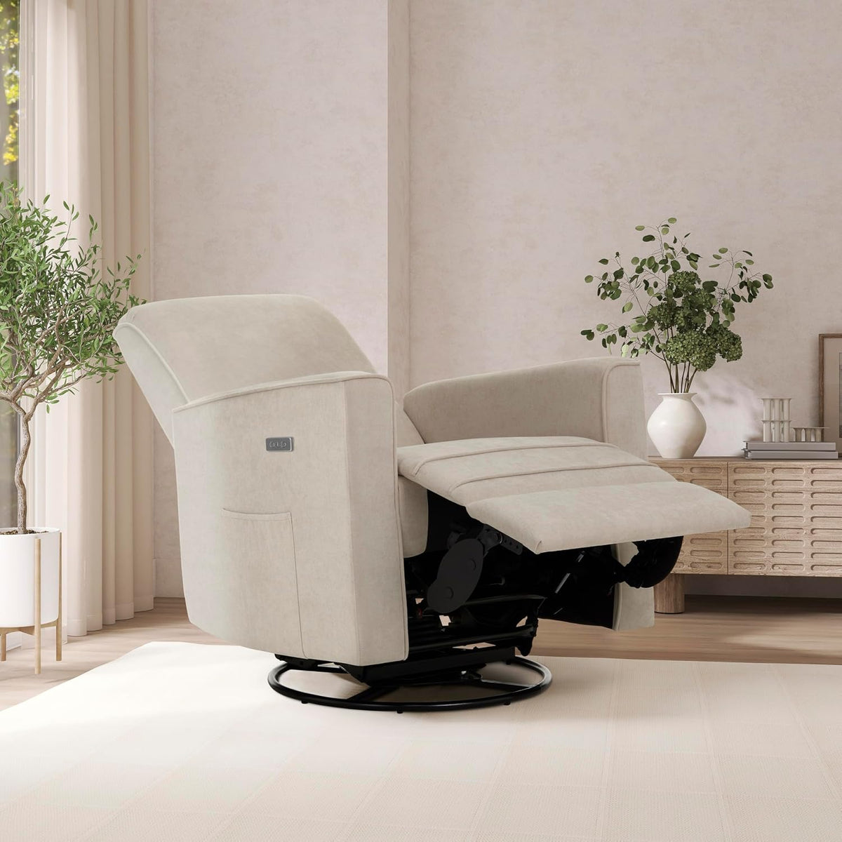 Harlow Upholstered Power Glider Recliner with USB Charging – Rocking & 275° Swivel with Smooth Glide – Greenguard Gold & FSC Certified – Modern Nursery and Living Room Chair in Light Sand