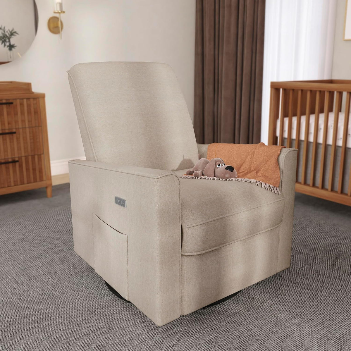 Harlow Upholstered Power Glider Recliner with USB Charging – Rocking & 275° Swivel with Smooth Glide – Greenguard Gold & FSC Certified – Modern Nursery and Living Room Chair in Light Sand