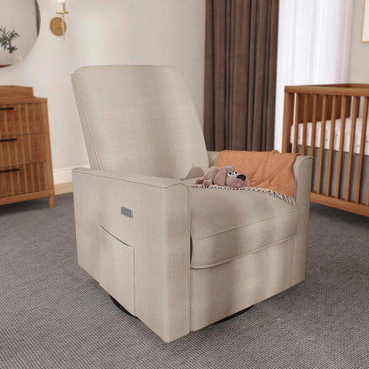 Harlow Upholstered Power Glider Recliner with USB Charging – Rocking & 275° Swivel with Smooth Glide – Greenguard Gold & FSC Certified – Modern Nursery and Living Room Chair in Light Sand