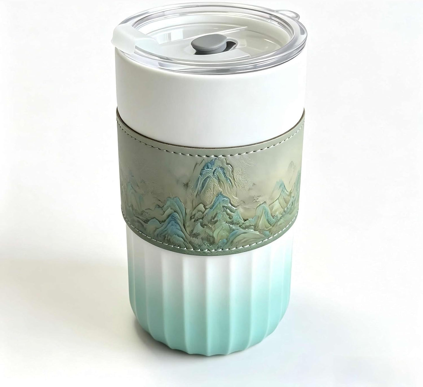 Ceramic Travel Coffee Mug with Lid and Removable Comfort Sleeve, 14.2 oz Reusable Coffee Cup with Sip and Straw Openings, Sealed Lid, Microwave and Dishwasher Safe Ceramic Body, Mint Green