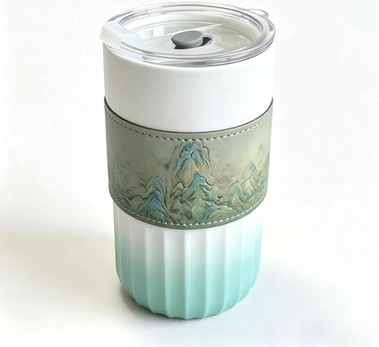 Ceramic Travel Coffee Mug with Lid and Removable Comfort Sleeve, 14.2 oz Reusable Coffee Cup with Sip and Straw Openings, Sealed Lid, Microwave and Dishwasher Safe Ceramic Body, Mint Green