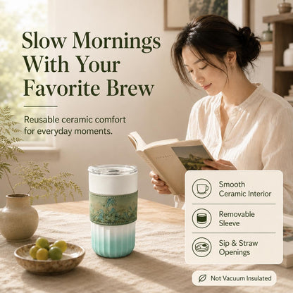 Ceramic Travel Coffee Mug with Lid and Removable Comfort Sleeve, 14.2 oz Reusable Coffee Cup with Sip and Straw Openings, Sealed Lid, Microwave and Dishwasher Safe Ceramic Body, Mint Green