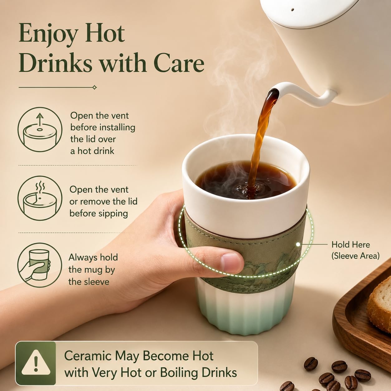 Ceramic Travel Coffee Mug with Lid and Removable Comfort Sleeve, 14.2 oz Reusable Coffee Cup with Sip and Straw Openings, Sealed Lid, Microwave and Dishwasher Safe Ceramic Body, Mint Green