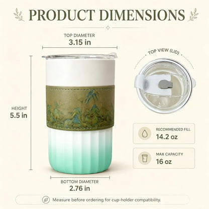 Ceramic Travel Coffee Mug with Lid and Removable Comfort Sleeve, 14.2 oz Reusable Coffee Cup with Sip and Straw Openings, Sealed Lid, Microwave and Dishwasher Safe Ceramic Body, Mint Green