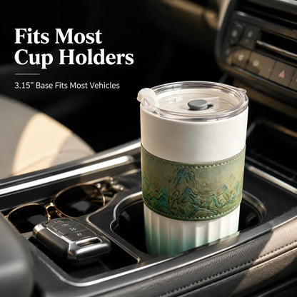 Ceramic Travel Coffee Mug with Lid and Removable Comfort Sleeve, 14.2 oz Reusable Coffee Cup with Sip and Straw Openings, Sealed Lid, Microwave and Dishwasher Safe Ceramic Body, Mint Green