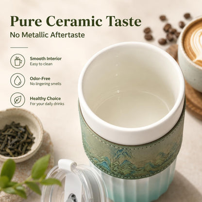 Ceramic Travel Coffee Mug with Lid and Removable Comfort Sleeve, 14.2 oz Reusable Coffee Cup with Sip and Straw Openings, Sealed Lid, Microwave and Dishwasher Safe Ceramic Body, Mint Green