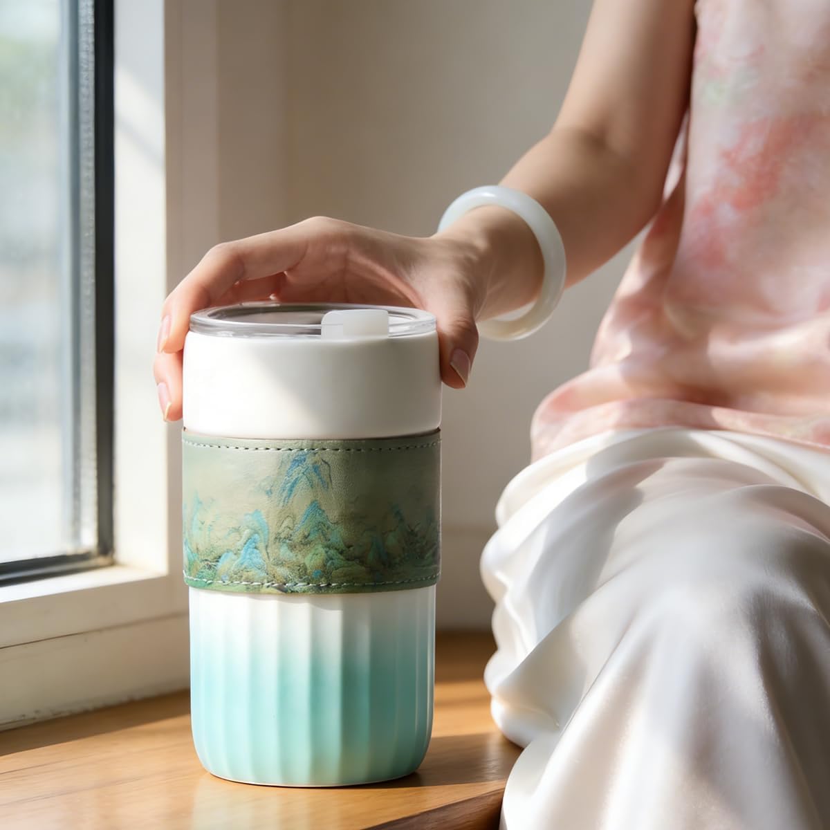 Ceramic Travel Coffee Mug with Lid and Removable Comfort Sleeve, 14.2 oz Reusable Coffee Cup with Sip and Straw Openings, Sealed Lid, Microwave and Dishwasher Safe Ceramic Body, Mint Green