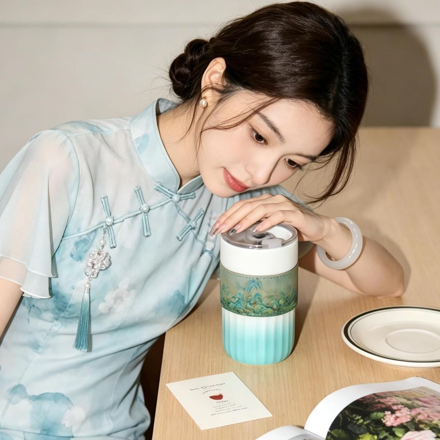Ceramic Travel Coffee Mug with Lid and Removable Comfort Sleeve, 14.2 oz Reusable Coffee Cup with Sip and Straw Openings, Sealed Lid, Microwave and Dishwasher Safe Ceramic Body, Mint Green