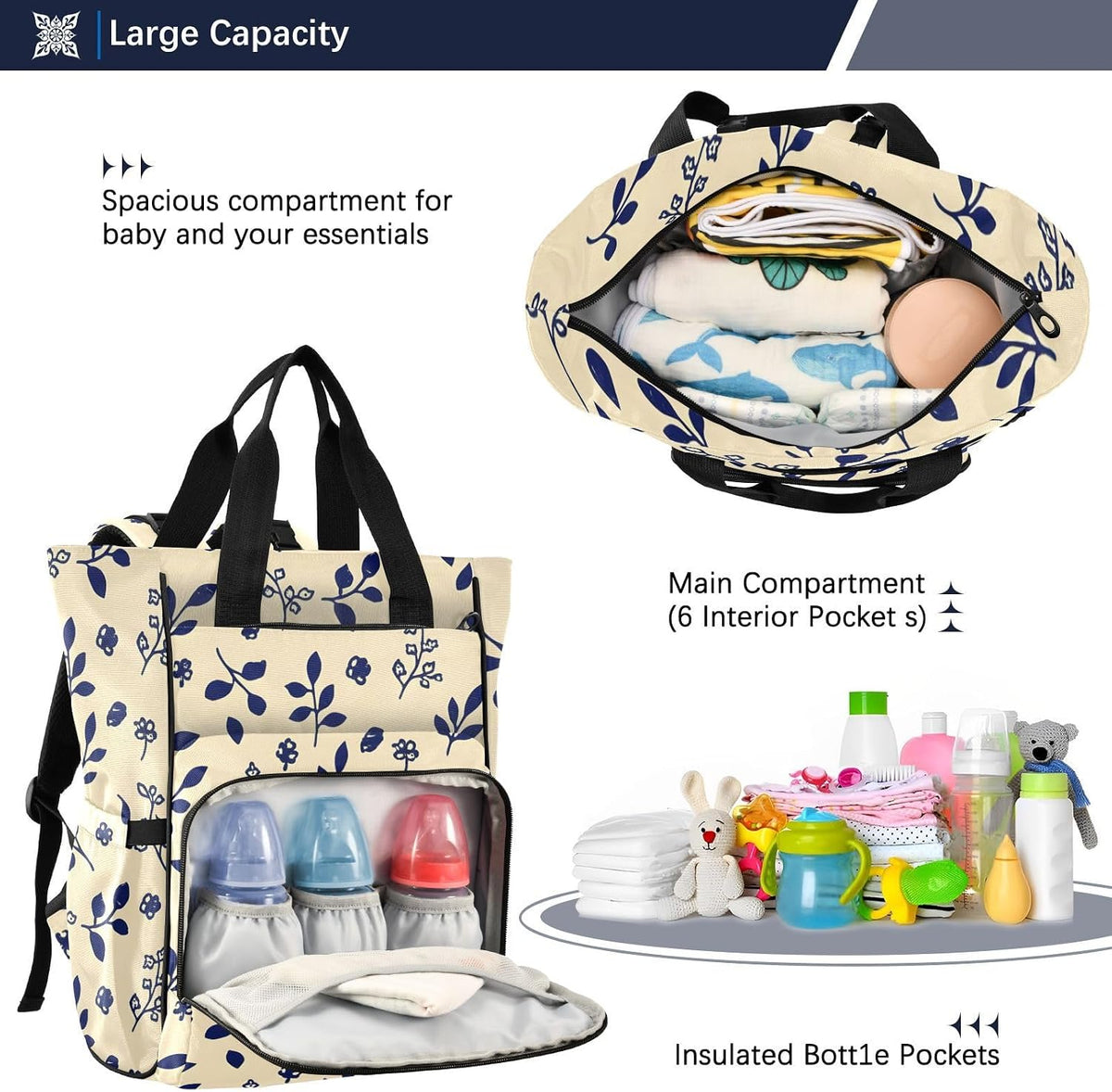 Diaper Bag Backpack, Multifunction Travel Bag for Moms Dads, Baby Changing Bag with Insulted Pockets, Stroller Straps and Side Bottle Pockets Floral Pattern