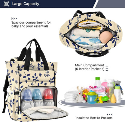 Diaper Bag Backpack, Multifunction Travel Bag for Moms Dads, Baby Changing Bag with Insulted Pockets, Stroller Straps and Side Bottle Pockets Floral Pattern