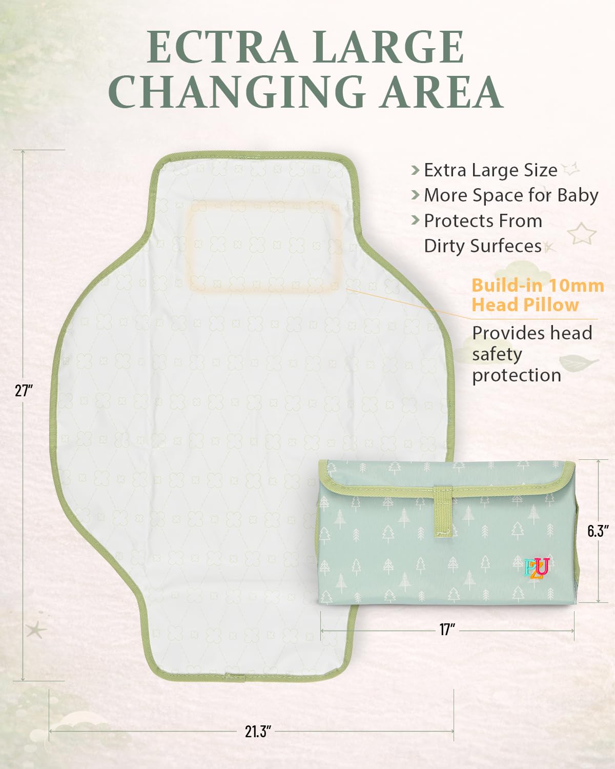 Portable Diaper Changing Pad - Waterproof Travel Changing Mat with Built-in Pillow, Gifts for Baby Shower, Newborn Girls & Boys（Green Forest）
