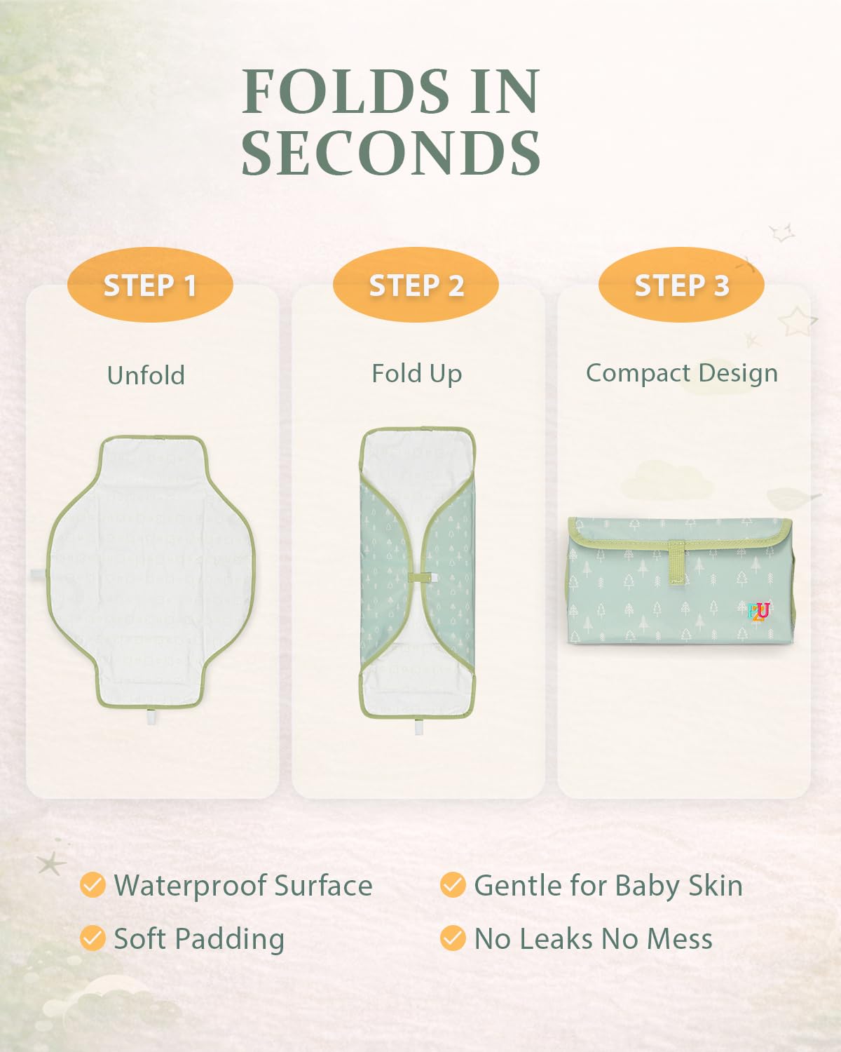 Portable Diaper Changing Pad - Waterproof Travel Changing Mat with Built-in Pillow, Gifts for Baby Shower, Newborn Girls & Boys（Green Forest）