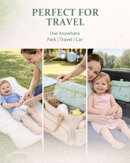 Portable Diaper Changing Pad - Waterproof Travel Changing Mat with Built-in Pillow, Gifts for Baby Shower, Newborn Girls & Boys（Green Forest）