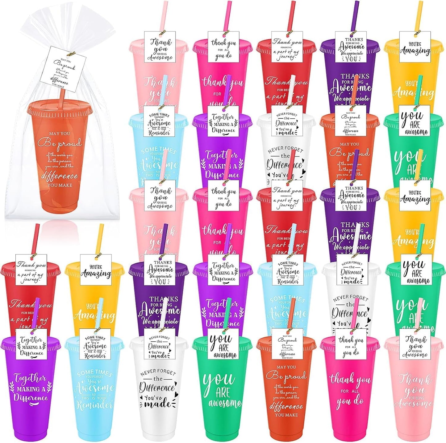 30 Sets Employee Appreciation Gifts Bulk, 24oz Reusable Tumblers with Lids and Straws, 10 Colors Inspirational Plastic Cups with 30 Thank You Cards and 30 Gift Bags for Coworkers, Teachers, Nurses