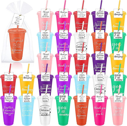 30 Sets Employee Appreciation Gifts Bulk, 24oz Reusable Tumblers with Lids and Straws, 10 Colors Inspirational Plastic Cups with 30 Thank You Cards and 30 Gift Bags for Coworkers, Teachers, Nurses