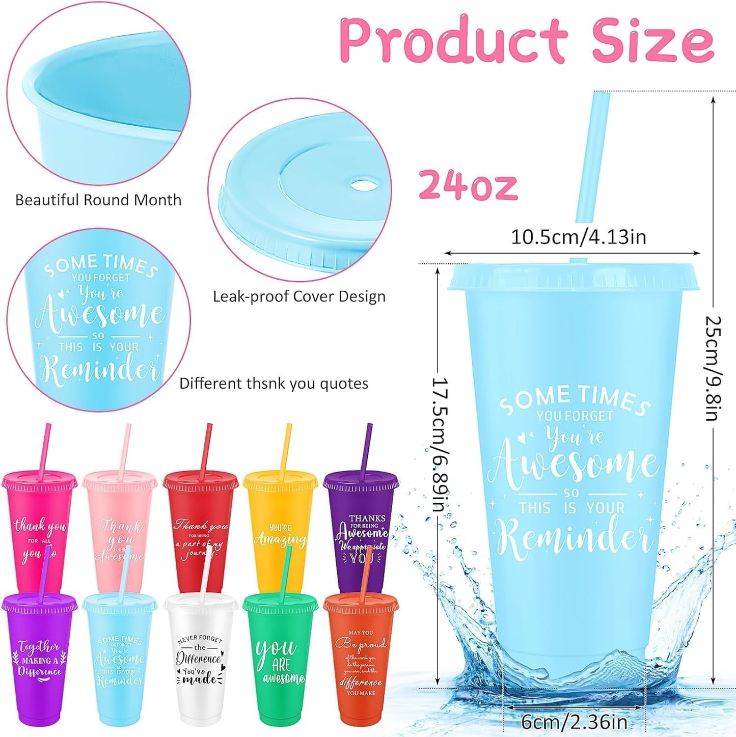 30 Sets Employee Appreciation Gifts Bulk, 24oz Reusable Tumblers with Lids and Straws, 10 Colors Inspirational Plastic Cups with 30 Thank You Cards and 30 Gift Bags for Coworkers, Teachers, Nurses