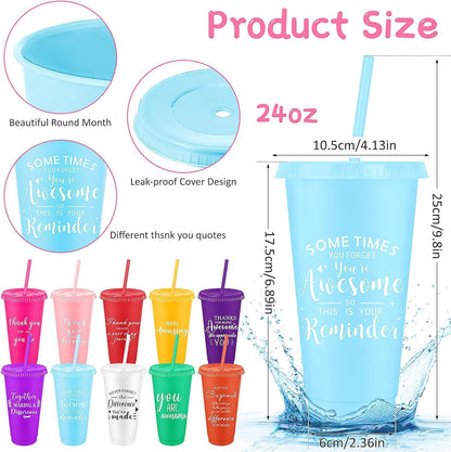 30 Sets Employee Appreciation Gifts Bulk, 24oz Reusable Tumblers with Lids and Straws, 10 Colors Inspirational Plastic Cups with 30 Thank You Cards and 30 Gift Bags for Coworkers, Teachers, Nurses