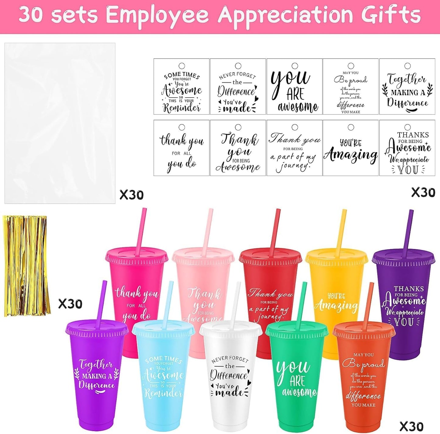 30 Sets Employee Appreciation Gifts Bulk, 24oz Reusable Tumblers with Lids and Straws, 10 Colors Inspirational Plastic Cups with 30 Thank You Cards and 30 Gift Bags for Coworkers, Teachers, Nurses