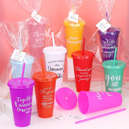 30 Sets Employee Appreciation Gifts Bulk, 24oz Reusable Tumblers with Lids and Straws, 10 Colors Inspirational Plastic Cups with 30 Thank You Cards and 30 Gift Bags for Coworkers, Teachers, Nurses
