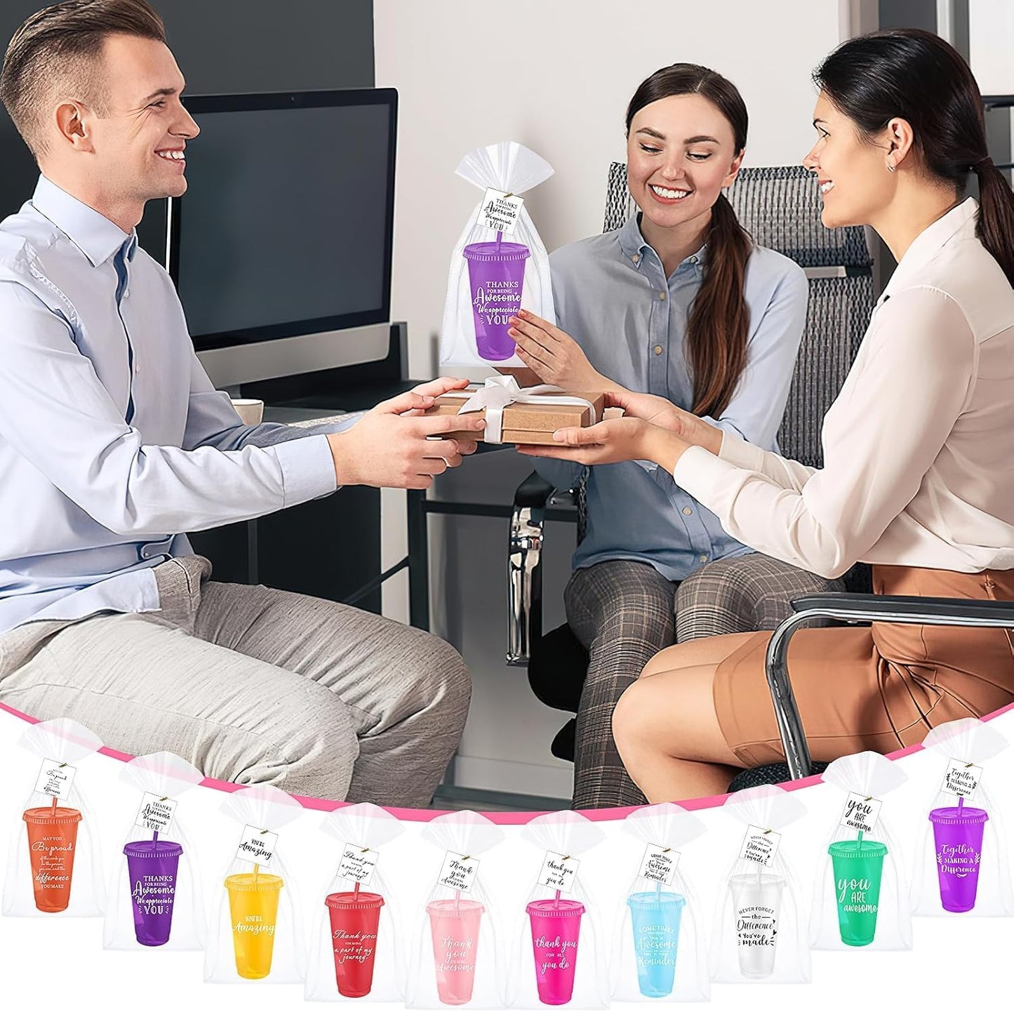 30 Sets Employee Appreciation Gifts Bulk, 24oz Reusable Tumblers with Lids and Straws, 10 Colors Inspirational Plastic Cups with 30 Thank You Cards and 30 Gift Bags for Coworkers, Teachers, Nurses