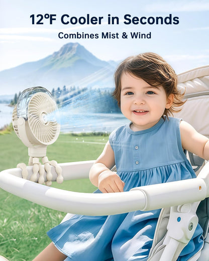 Misting Stroller Fan – Portable Baby Fan with Spray Cooling, 4 Speeds, Quiet Rechargeable Fans for Travel, Outdoor, Golf Cart, Car Seat, Beach (Black)