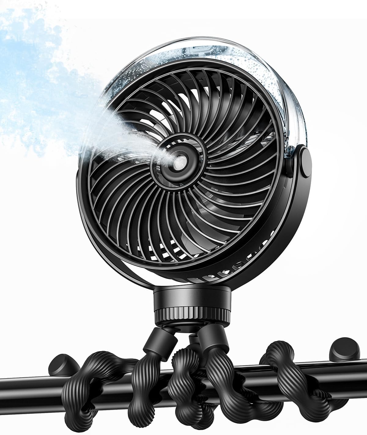 Misting Stroller Fan – Portable Baby Fan with Spray Cooling, 4 Speeds, Quiet Rechargeable Fans for Travel, Outdoor, Golf Cart, Car Seat, Beach (Black)