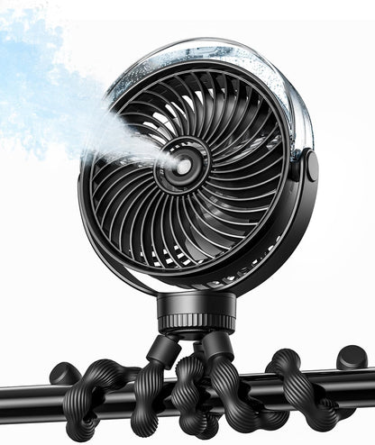 Misting Stroller Fan – Portable Baby Fan with Spray Cooling, 4 Speeds, Quiet Rechargeable Fans for Travel, Outdoor, Golf Cart, Car Seat, Beach (Black)