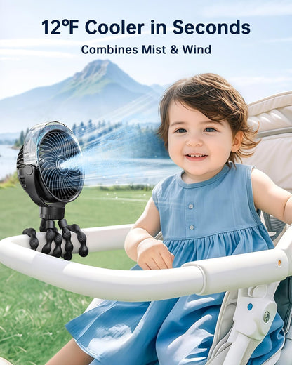 Misting Stroller Fan – Portable Baby Fan with Spray Cooling, 4 Speeds, Quiet Rechargeable Fans for Travel, Outdoor, Golf Cart, Car Seat, Beach (Black)