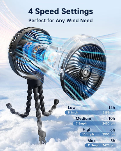 Misting Stroller Fan – Portable Baby Fan with Spray Cooling, 4 Speeds, Quiet Rechargeable Fans for Travel, Outdoor, Golf Cart, Car Seat, Beach (Black)