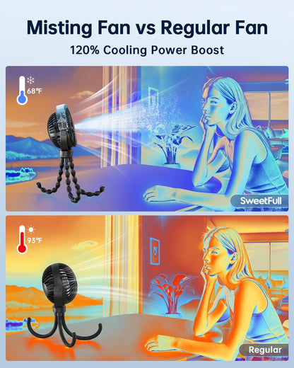 Misting Stroller Fan – Portable Baby Fan with Spray Cooling, 4 Speeds, Quiet Rechargeable Fans for Travel, Outdoor, Golf Cart, Car Seat, Beach (Black)