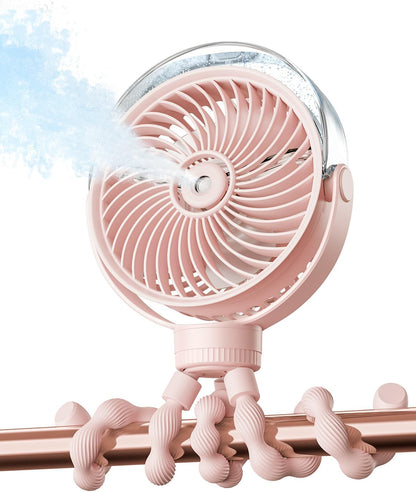 Misting Stroller Fan – Portable Baby Fan with Spray Cooling, 4 Speeds, Quiet Rechargeable Fans for Travel, Outdoor, Golf Cart, Car Seat, Beach (Black)