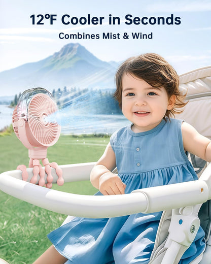 Misting Stroller Fan – Portable Baby Fan with Spray Cooling, 4 Speeds, Quiet Rechargeable Fans for Travel, Outdoor, Golf Cart, Car Seat, Beach (Black)