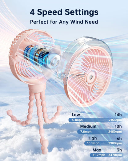 Misting Stroller Fan – Portable Baby Fan with Spray Cooling, 4 Speeds, Quiet Rechargeable Fans for Travel, Outdoor, Golf Cart, Car Seat, Beach (Black)