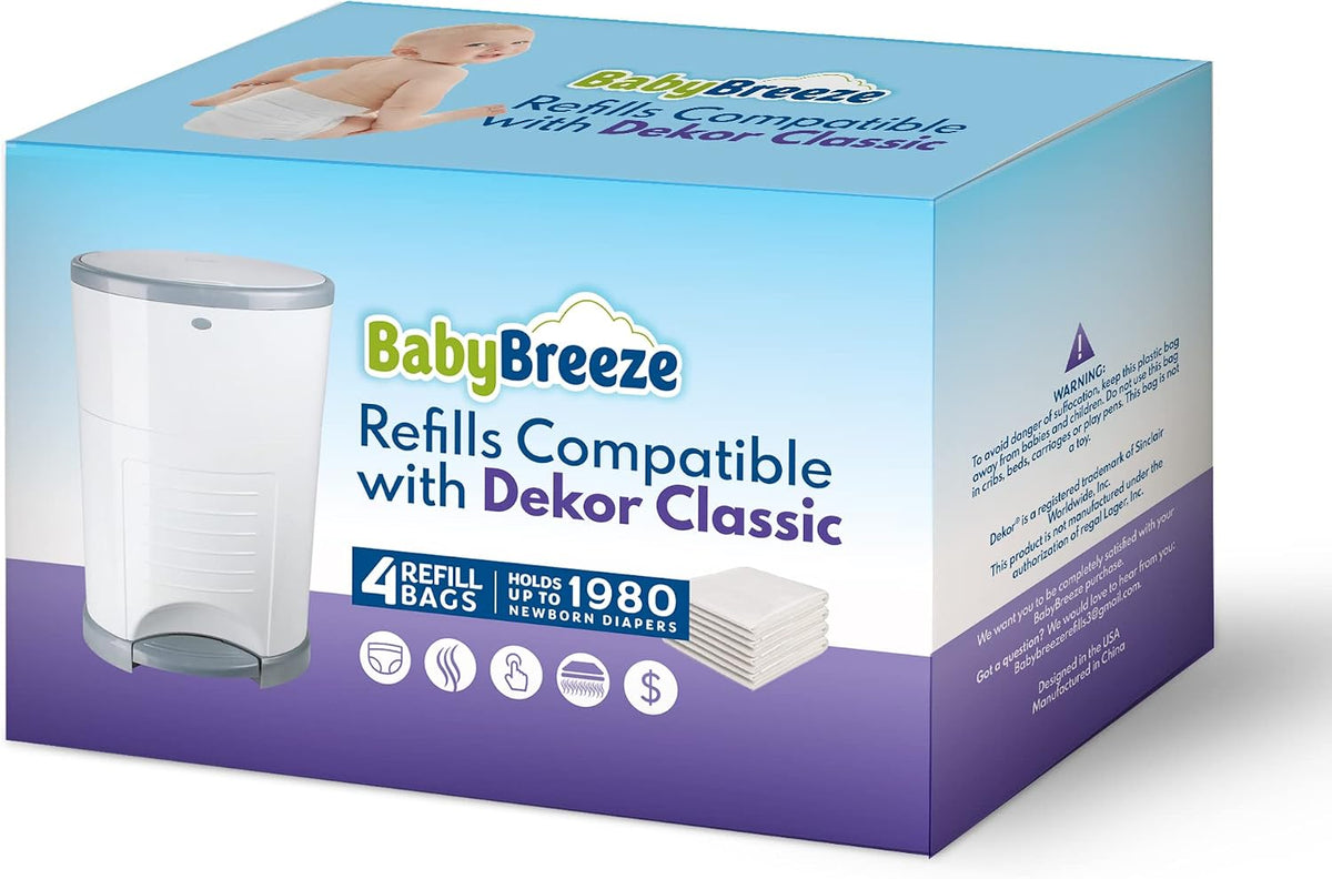 Diaper Pail Refills Compatible with Dekor Classic – 4 Pack Continuous Refill Bags – Powder Scent Odor Control – Leak Resistant Diaper Disposal Liners – Holds Up to 1980 Diapers