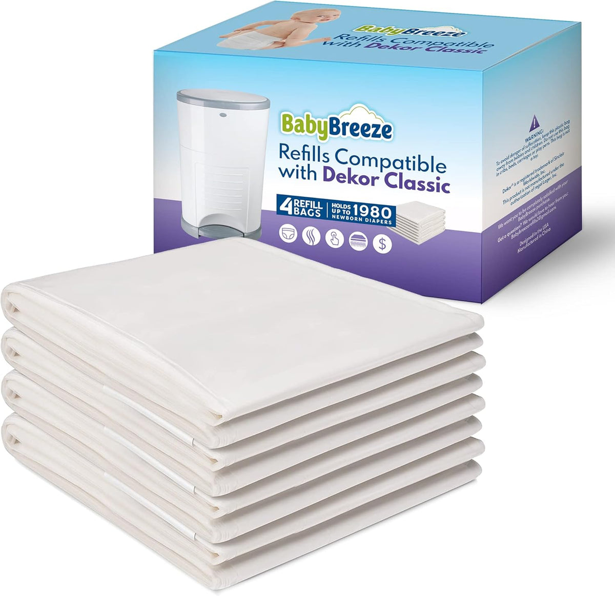 Diaper Pail Refills Compatible with Dekor Classic – 4 Pack Continuous Refill Bags – Powder Scent Odor Control – Leak Resistant Diaper Disposal Liners – Holds Up to 1980 Diapers