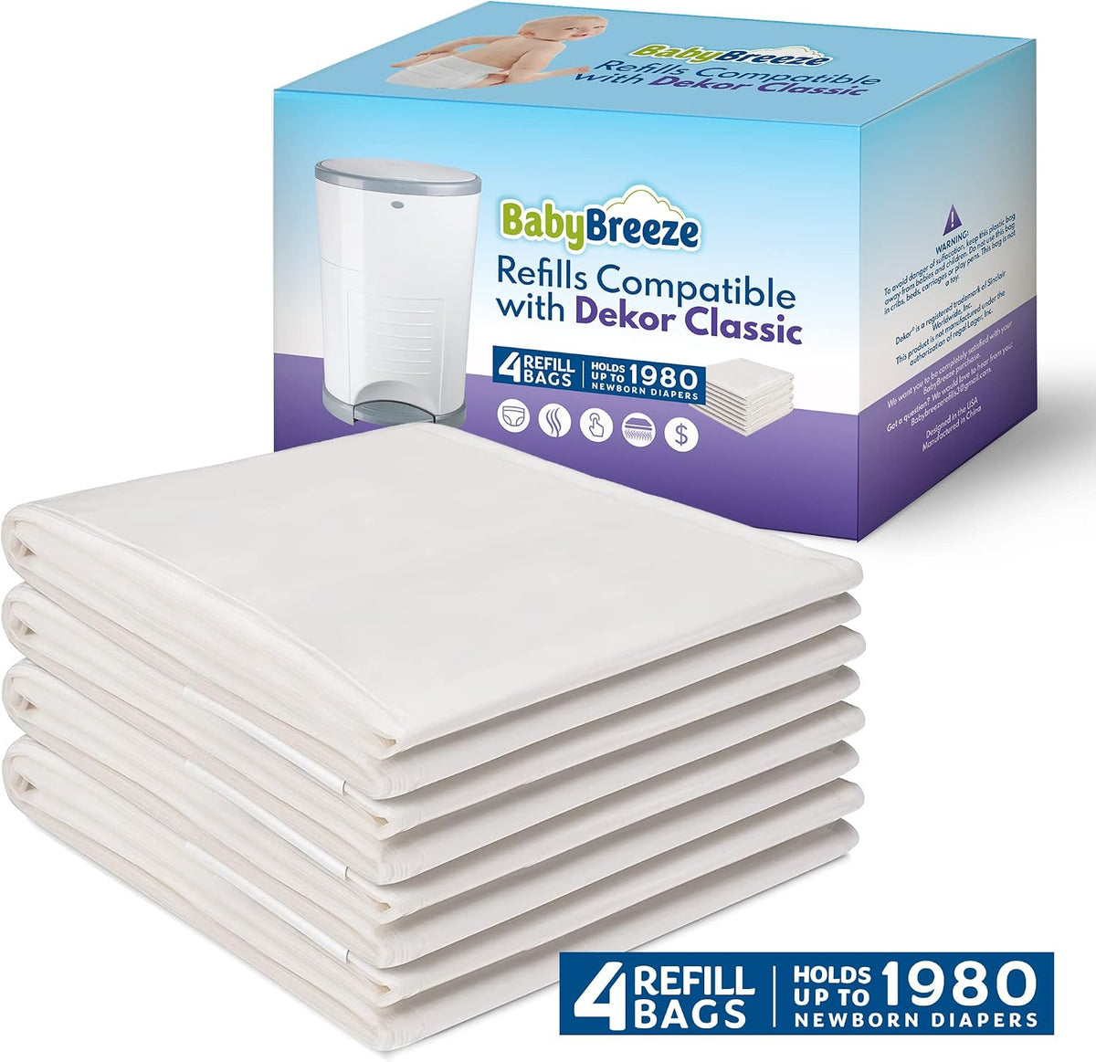 Diaper Pail Refills Compatible with Dekor Classic – 4 Pack Continuous Refill Bags – Powder Scent Odor Control – Leak Resistant Diaper Disposal Liners – Holds Up to 1980 Diapers