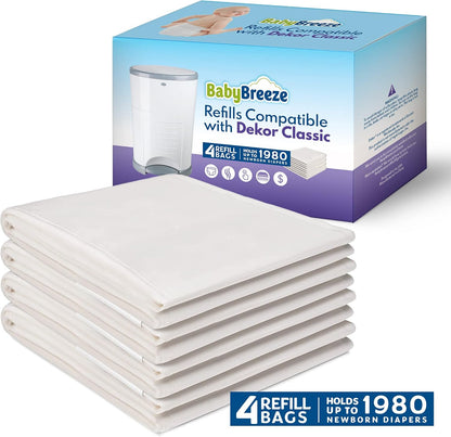 Diaper Pail Refills Compatible with Dekor Classic – 4 Pack Continuous Refill Bags – Powder Scent Odor Control – Leak Resistant Diaper Disposal Liners – Holds Up to 1980 Diapers