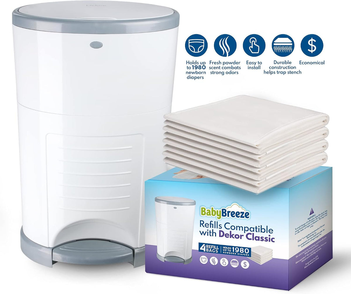 Diaper Pail Refills Compatible with Dekor Classic – 4 Pack Continuous Refill Bags – Powder Scent Odor Control – Leak Resistant Diaper Disposal Liners – Holds Up to 1980 Diapers