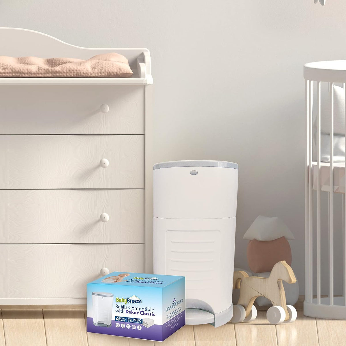 Diaper Pail Refills Compatible with Dekor Classic – 4 Pack Continuous Refill Bags – Powder Scent Odor Control – Leak Resistant Diaper Disposal Liners – Holds Up to 1980 Diapers