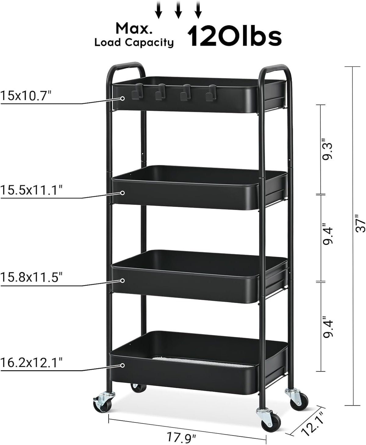 4 Tier Metal Rolling Cart, Utility Storage Cart with Wheels, White