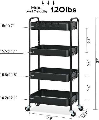 4 Tier Metal Rolling Cart, Utility Storage Cart with Wheels, White