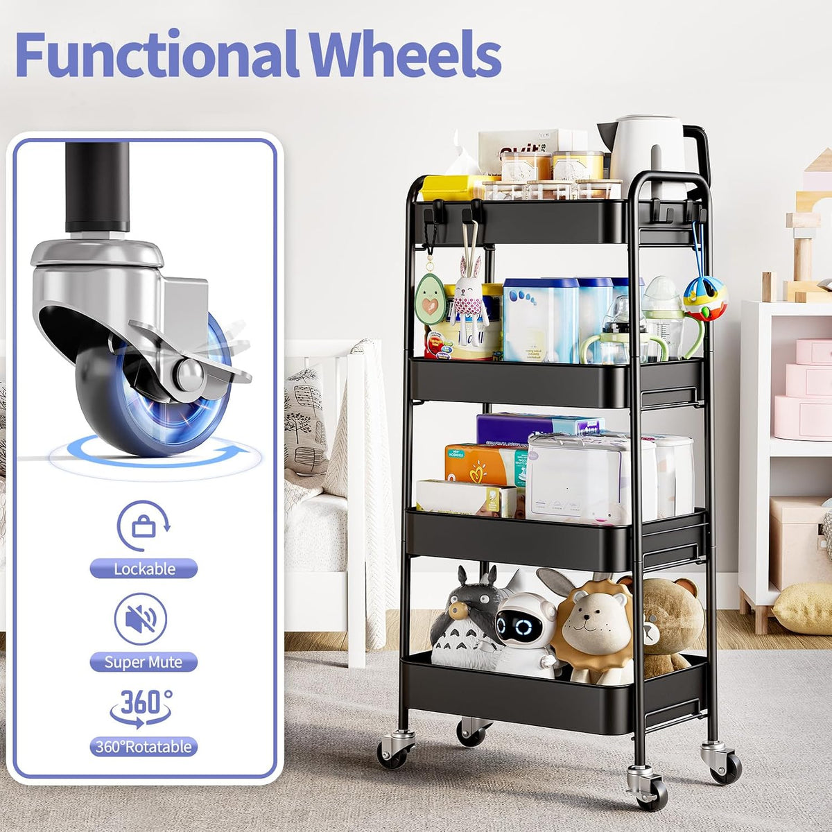 4 Tier Metal Rolling Cart, Utility Storage Cart with Wheels, White