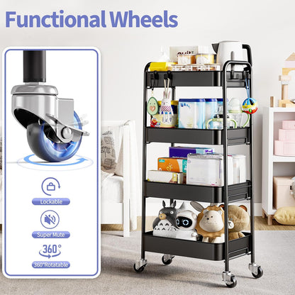 4 Tier Metal Rolling Cart, Utility Storage Cart with Wheels, White