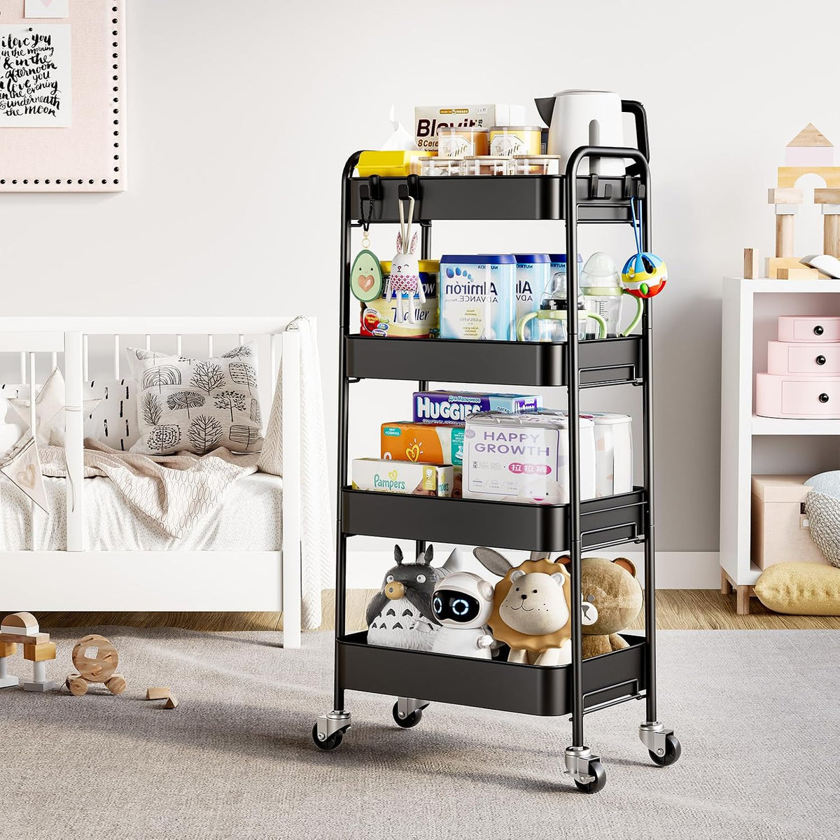 4 Tier Metal Rolling Cart, Utility Storage Cart with Wheels, White