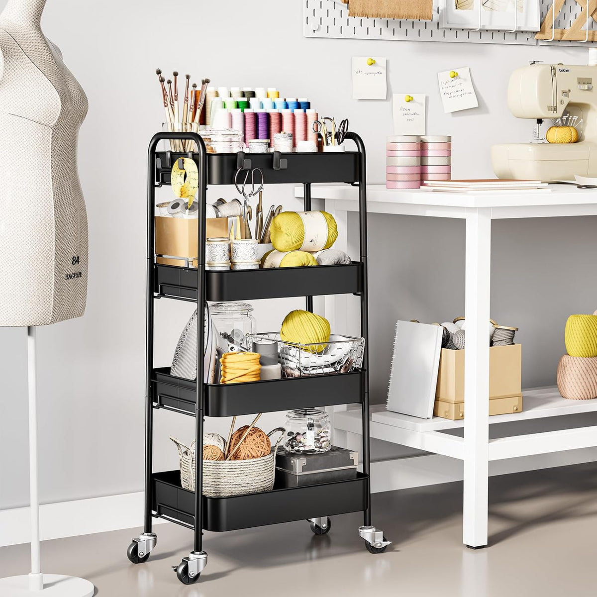 4 Tier Metal Rolling Cart, Utility Storage Cart with Wheels, White