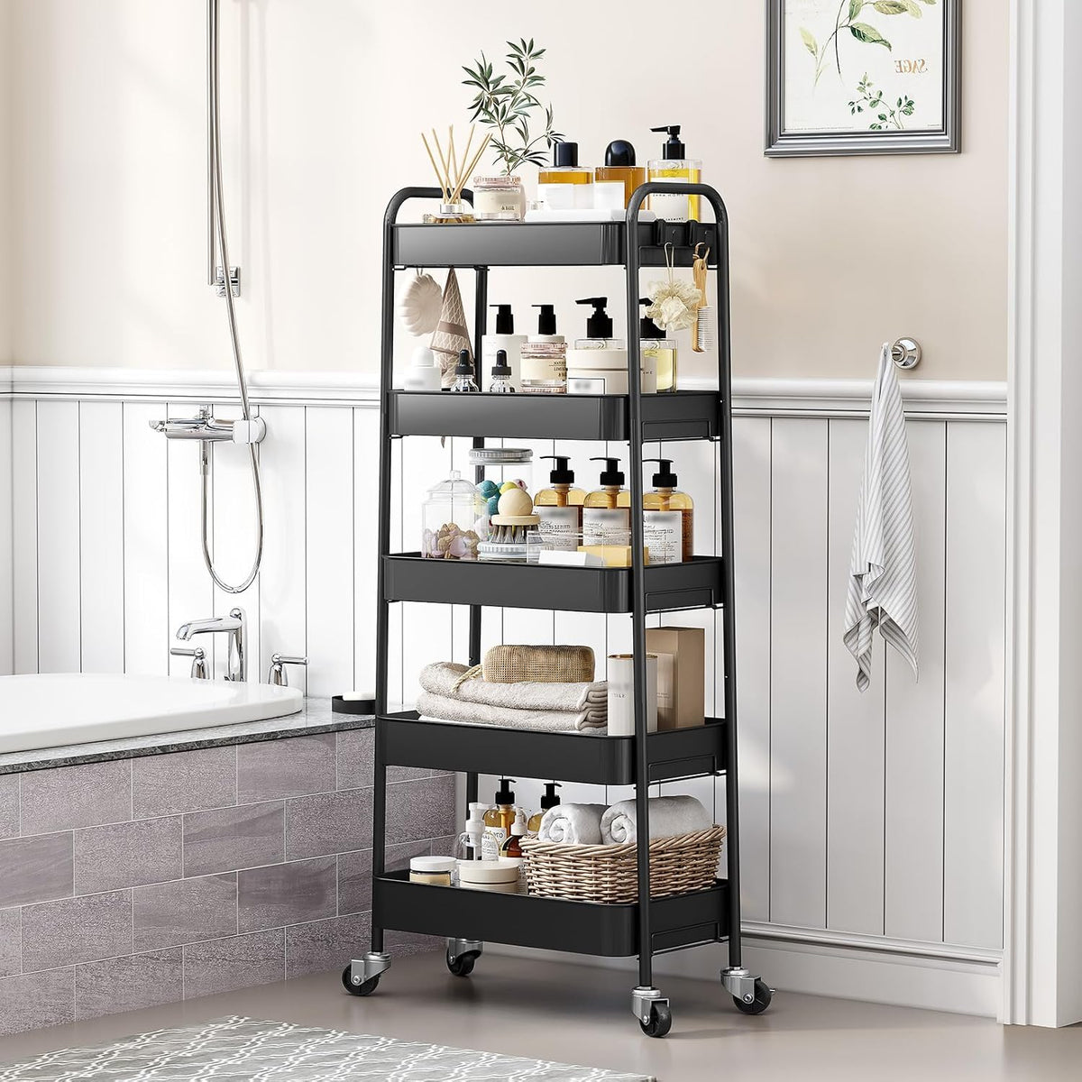4 Tier Metal Rolling Cart, Utility Storage Cart with Wheels, White