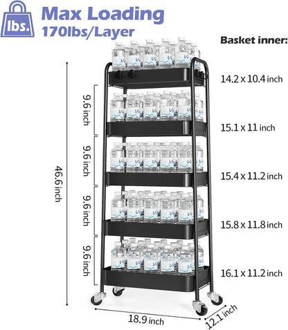 4 Tier Metal Rolling Cart, Utility Storage Cart with Wheels, White