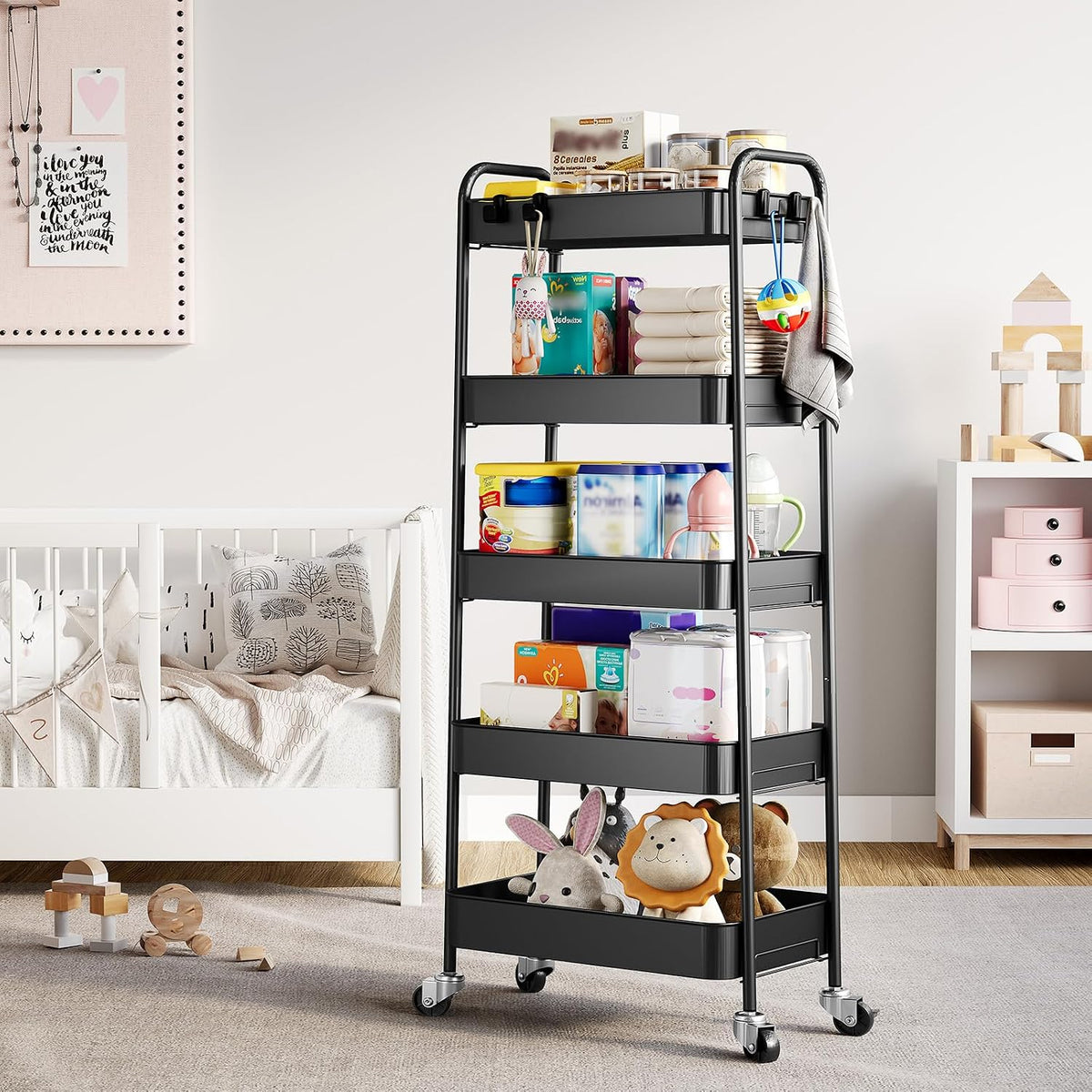 4 Tier Metal Rolling Cart, Utility Storage Cart with Wheels, White