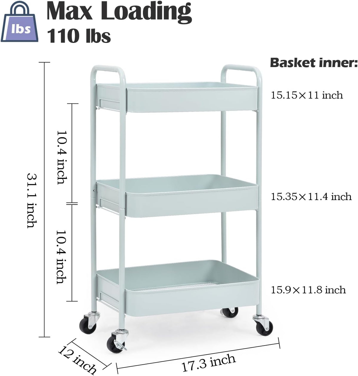 4 Tier Metal Rolling Cart, Utility Storage Cart with Wheels, White